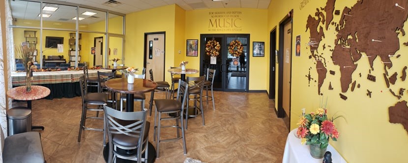 The lobby of Keys of Joy! Studio in Lawrence, KS